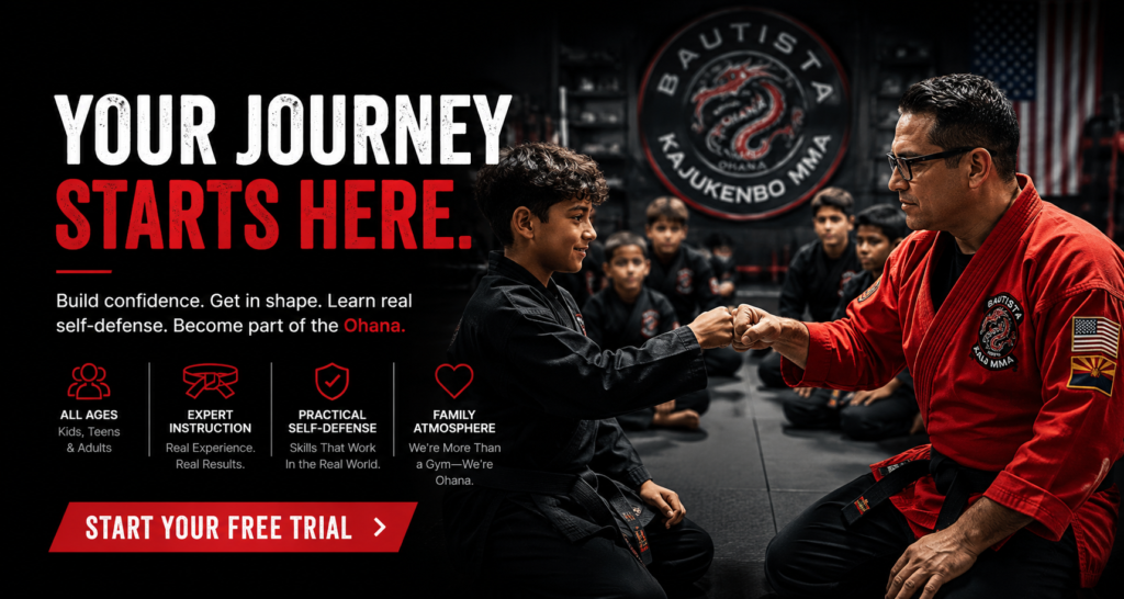Martial arts instructor and student at Bautista Kajukenbo free trial CTA in Chandler, Arizona