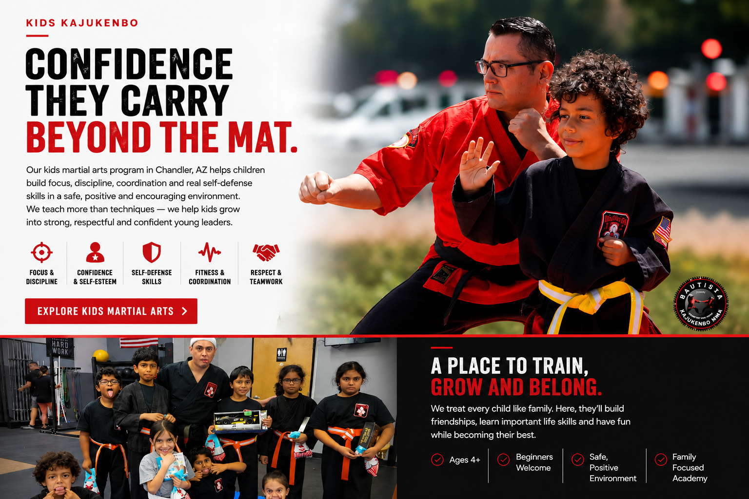 Kids Kajukenbo martial arts training with an instructor in Chandler, Arizona